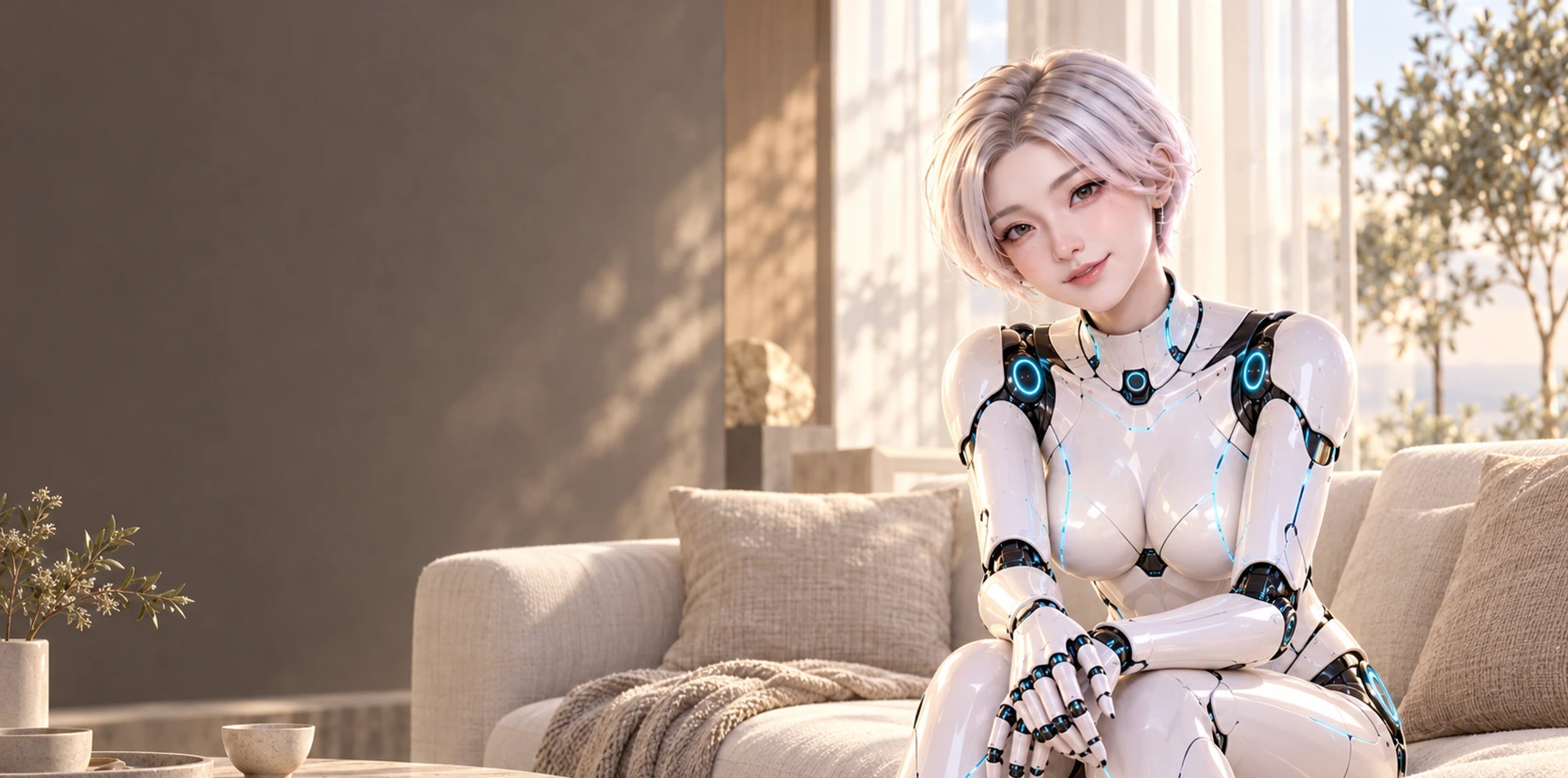 坐在明亮客厅里的白甲 AI 角色